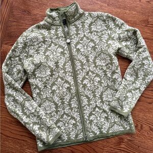 NEVE Fair Isle Cardigan Sweater Green Nordic Apres Ski Full Zip Wool Floral L